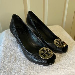 Tory Burch Black Open Toe Wedge Heels